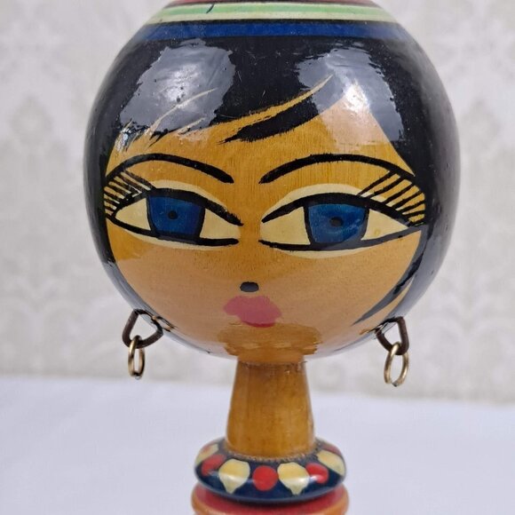 Pair of Egytian Spindle Dolls 1960's Handmade and  Hand Painted Vintage - Picture 7 of 14